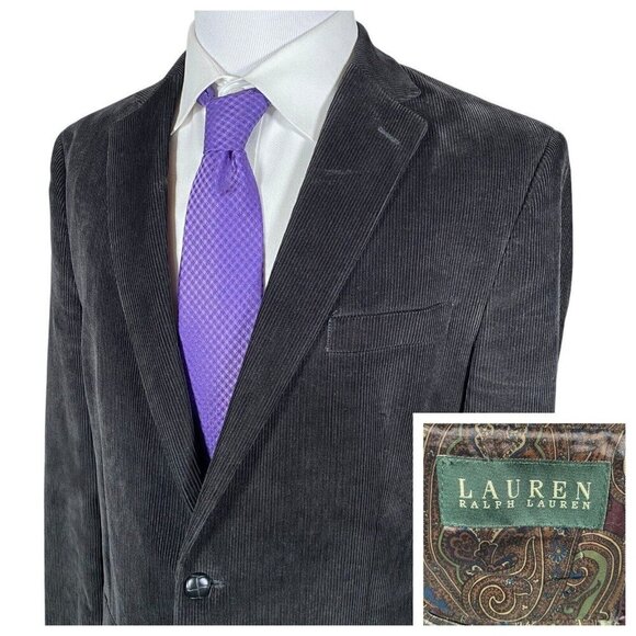 Lauren Ralph Lauren 44L Black Corduroy Sport Coat Faux Wood Buttons Single Vent